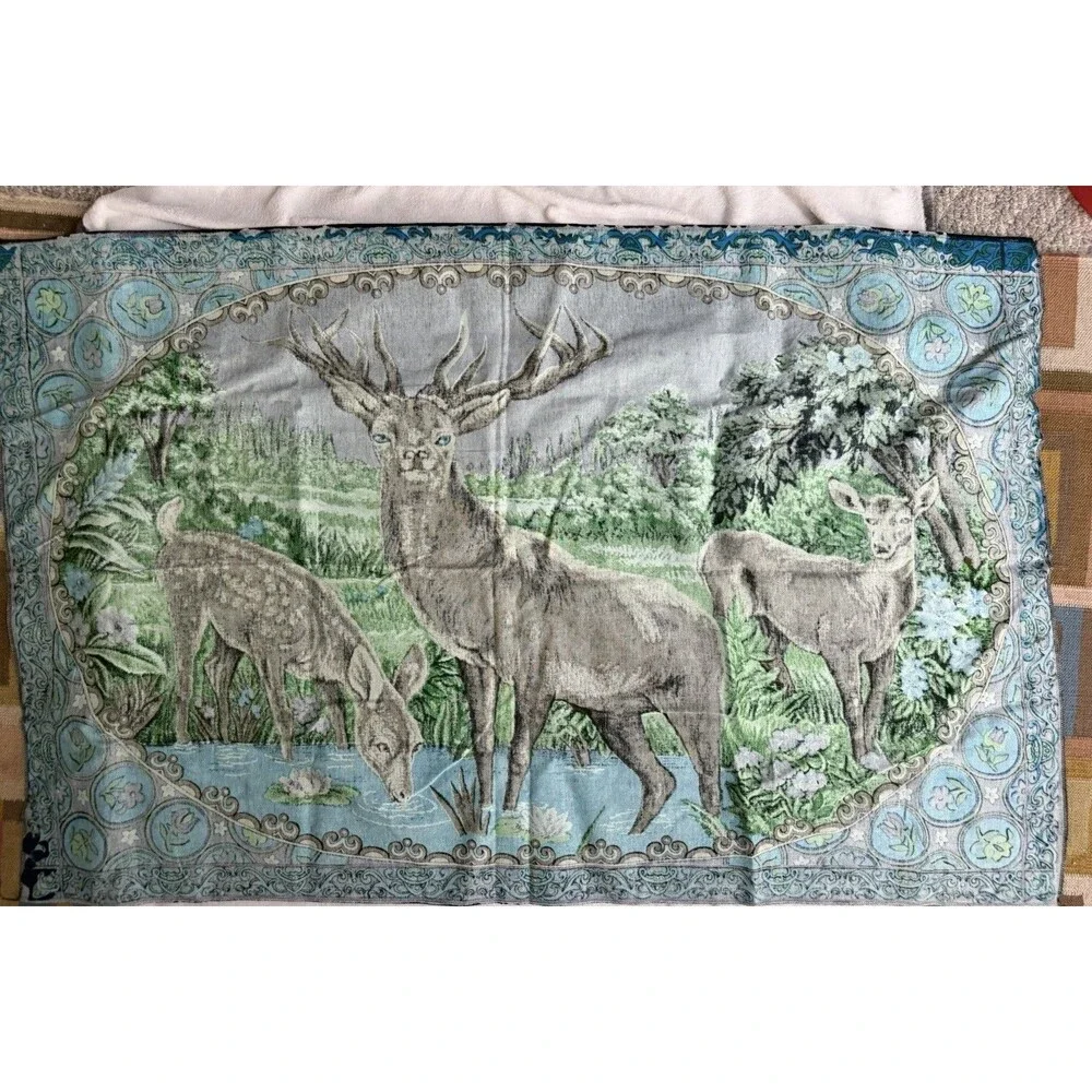 Vintage Deer Stag Woven Tapestry 38x69 Cabin Lodge Woodland Wall Hanging